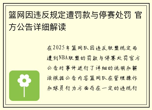 篮网因违反规定遭罚款与停赛处罚 官方公告详细解读